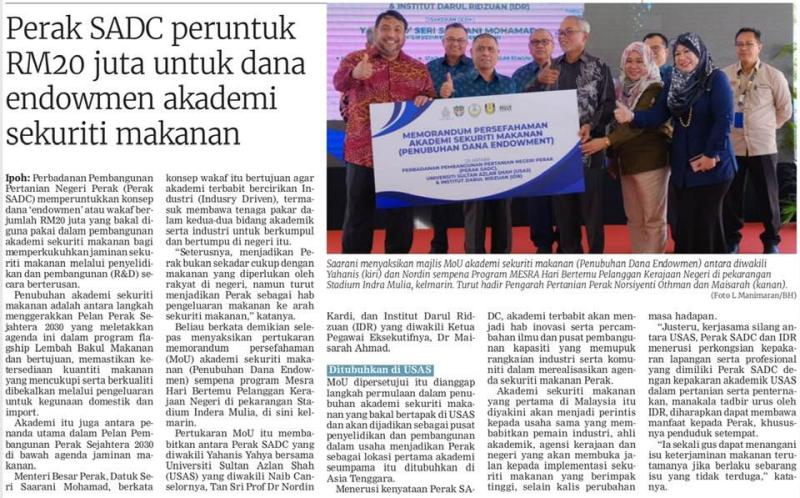 Perak SADC peruntuk RM20 juta untuk dana endowmen akademi sekuriti makanan
